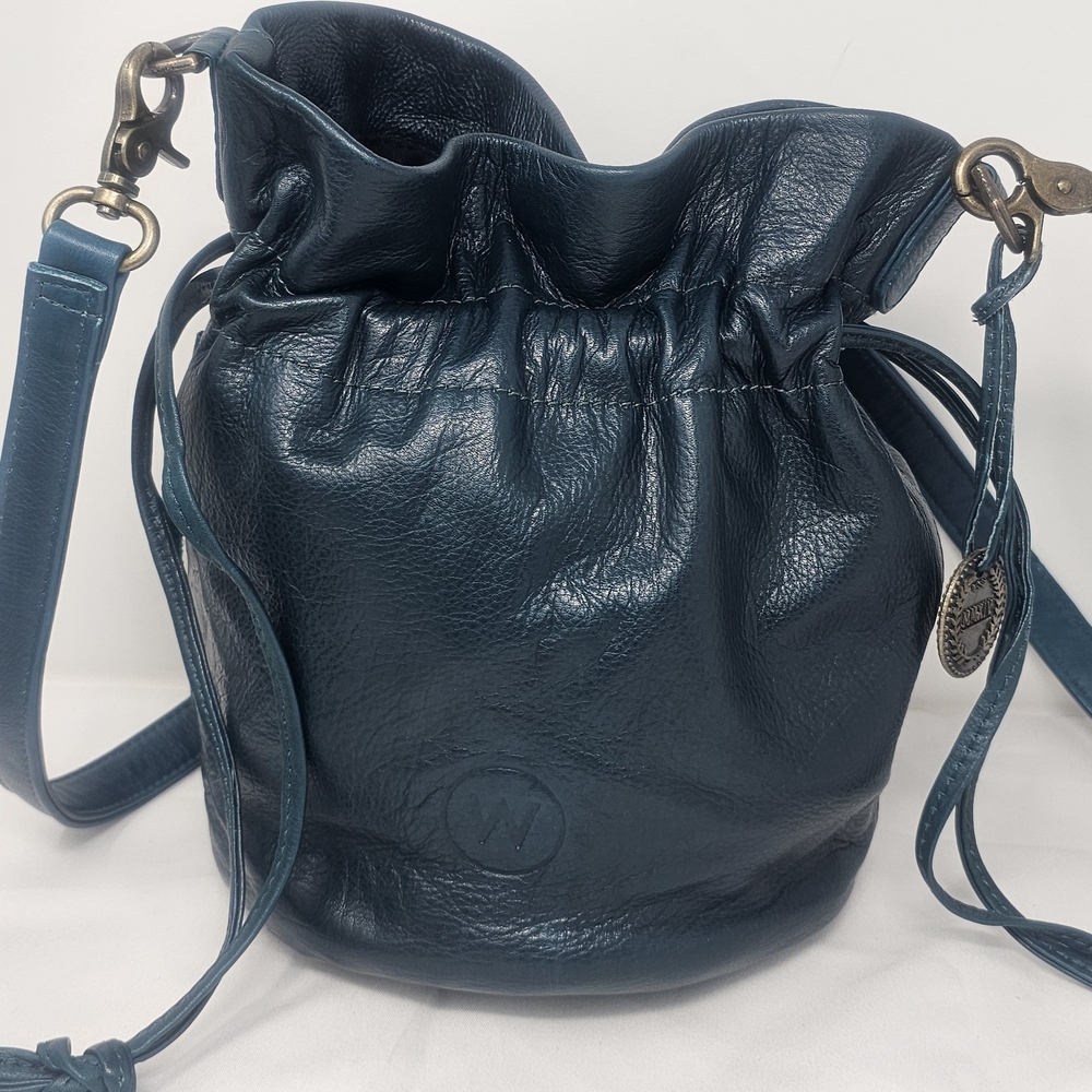 Wanderers Travel Co Pebbled Leather Azzurra The Bronte Bucket Crossbody Bag $189